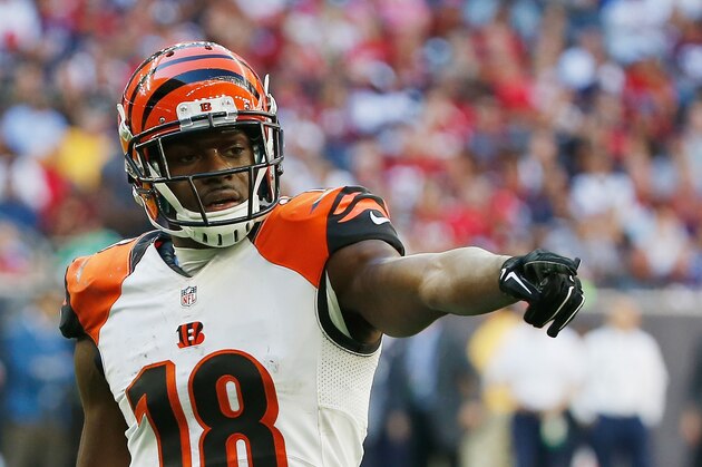 HOUSTON, TX - NOVEMBER 23:   A.J. Green #18 of the Cincinnati Bengals waits for a play in the second half of their game against the Houston Texans at NRG Stadium on November 23, 2014 in Houston, Texas.  (Photo by Scott Halleran/Getty Images)