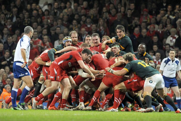 Wales players push South African players as they attempt to score a try during the International Rugby Union match between Wales and South Africa at the Millennium Stadium, Cardiff, Wales, Saturday, Nov. 29, 2014. (AP Photo/Rui Vieira)