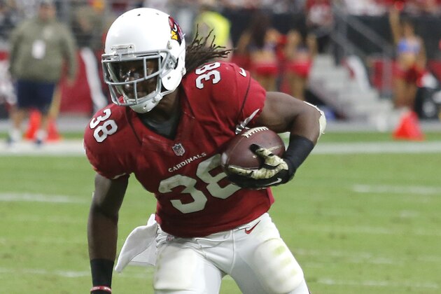 Arizona Cardinals running back Andre Ellington (38) during the first quarter of an NFL football game against the St. Louis Rams, Sunday, Nov. 9, 2014 in Glendale, Ariz. (AP Photo/Rick Scuteri)