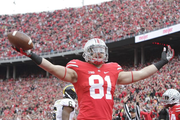 Ohio State tight end Nick Vannett celebrates his touchdown against Michigan during the first quarter of an NCAA college football game Saturday, Nov. 29, 2014, in Columbus, Ohio. (AP Photo/Jay LaPrete)