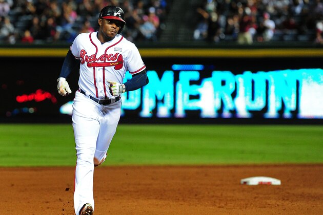 ATLANTA, GA - SEPTEMBER 24: Justin Upton #8 of the Atlanta Braves rounds the bases after hitting a fourth inning two-run home run against the Pittsburgh Pirates at Turner Field on September 24, 2014 in Atlanta, Georgia. (Photo by Scott Cunningham/Getty Images)