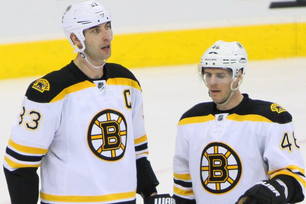 WINNIPEG, CANADA - FEBRUARY 17: Zdeno Chara #33 and David Krejci #46 of the Boston Bruins discuss strategy during a third period stoppage in play against the Winnipeg Jets at the MTS Centre on February 17, 2013 in Winnipeg, Manitoba, Canada. The Bruins defeated the Jets 3-2. (Photo by Travis Golby/NHLI via Getty Images)