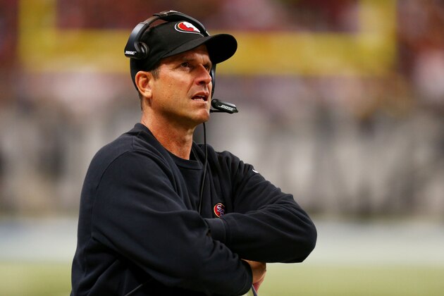 ST LOUIS, MO - OCTOBER 13:  Head coach Jim Harbaugh of the San Francisco 49ers reacts in the third quarter against the San Francisco 49ers at Edward Jones Dome on October 13, 2014 in St Louis, Missouri.  (Photo by Dilip Vishwanat/Getty Images)
