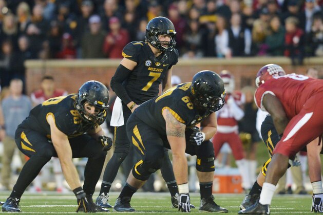 Nov 28, 2014; Columbia, MO, USA; Missouri Tigers quarterback Maty Mauk (7) under center during the second half against the Arkansas Razorbacks at Faurot Field. Missouri won 21-14. Mandatory Credit: Denny Medley-USA TODAY Sports