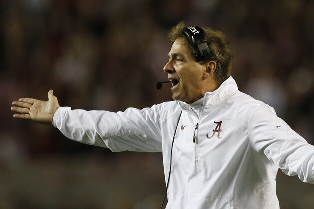 Alabama head coach Nick Saban speaks during the first half of the Iron Bowl NCAA college football game against Auburn, Saturday, Nov. 29, 2014, in Tuscaloosa, Ala. (AP Photo/Brynn Anderson )