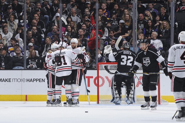 LOS ANGELES, CA - NOVEMBER 29: Patrick Kane #88, Brad Richards #91,and Michal Rozsival #32 of the Chicago Blackhawks celebrate during a game against the Los Angeles Kings  at STAPLES Center on November 29, 2014 in Los Angeles, California. (Photo by Juan Ocampo/NHLI via Getty Images)