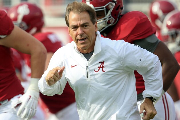 Nov 22, 2014; Tuscaloosa, AL, USA; Alabama Crimson Tide head coach Nick Saban during warmups for the game against Western Carolina Catamounts at Bryant-Denny Stadium. Mandatory Credit: Marvin Gentry-USA TODAY Sports