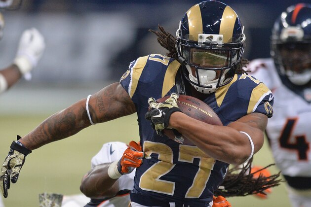 ST. LOUIS, MO - NOVEMBER 16: Tre Mason #27 of the St. Louis Rams rushes against the Denver Broncos in the third quarter at the Edward Jones Dome on November 16, 2014 in St. Louis, Missouri. The Rams defeated the Broncos 22-7. (Photo by Michael B. Thomas/Getty Images)