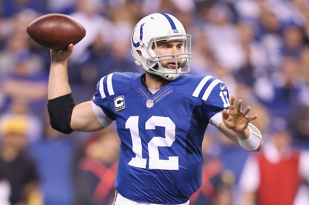 INDIANAPOLIS, IN - NOVEMBER 30:  Andrew Luck #12 of the Indianapolis Colts throws a pass during the game against the Washington Redskins at Lucas Oil Stadium on November 30, 2014 in Indianapolis, Indiana.  (Photo by Andy Lyons/Getty Images)