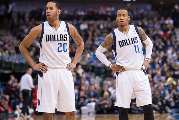 Feb 26, 2014; Dallas, TX, USA; Dallas Mavericks point guard Devin Harris (20) and shooting guard Monta Ellis (11) during the game against the New Orleans Pelicans at the American Airlines Center. The Mavericks defeated the Pelicans 108-89. Mandatory Credit: Jerome Miron-USA TODAY Sports