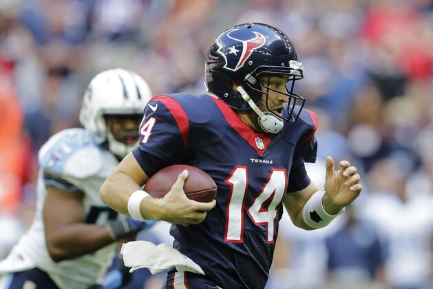 Houston Texans quarterback Ryan Fitzpatrick (14) carries the ball on a running play against the Tennessee Titans during the first half of an NFL football game Sunday, Nov. 30, 2014, in Houston. (AP Photo/Eric Gay)