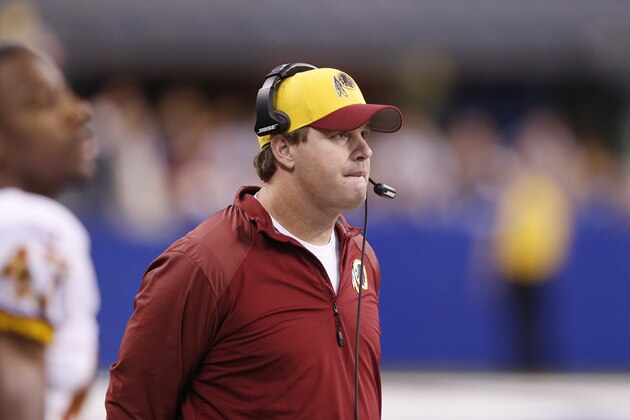 INDIANAPOLIS, IN - NOVEMBER 30:  Head coach Jay Gruden of the Washington Redskins looks on during the first half of the game against the Indianapolis Colts at Lucas Oil Stadium on November 30, 2014 in Indianapolis, Indiana. (Photo by Joe Robbins/Getty Images)