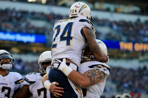BALTIMORE, MD - NOVEMBER 30: Running back Ryan Mathews #24 of the San Diego Chargers celebrates with center Trevor Robinson #60 after scoring a fourth quarter touchdown against the Baltimore Ravens at M&T Bank Stadium on November 30, 2014 in Baltimore, Maryland.  (Photo by Rob Carr/Getty Images)