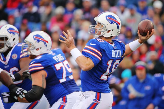 ORCHARD PARK, NY - NOVEMBER 30:   Kyle Orton #18 of the Buffalo Bills throws against the Cleveland Browns during the first half at Ralph Wilson Stadium on November 30, 2014 in Orchard Park, New York.  (Photo by Brett Carlsen/Getty Images)