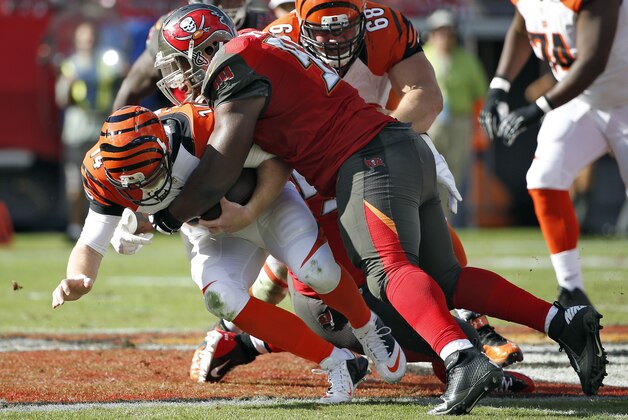 Cincinnati Bengals quarterback Andy Dalton (14) is sacked by Tampa Bay Buccaneers defensive tackle Akeem Spence (97) during the third quarter of an NFL football game Sunday, Nov. 30, 2014, in Tampa, Fla. (AP Photo/Brian Blanco)
