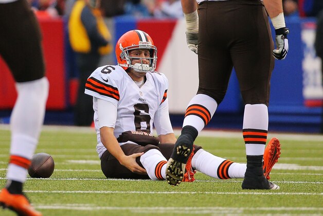ORCHARD PARK, NY - NOVEMBER 30:   Brian Hoyer #6 of the Cleveland Browns reacts after being sacked during the second half against the Buffalo Bills at Ralph Wilson Stadium on November 30, 2014 in Orchard Park, New York.  (Photo by Brett Carlsen/Getty Images)