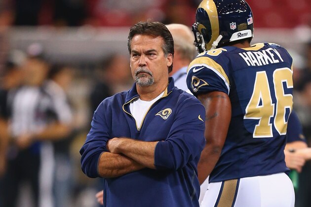 ST. LOUIS, MO - NOVEMBER 30: Head coach Jeff Fisher of the St. Louis Rams looks on during pre-game warm-ups prior to playing against the Oakland Raiders at the Edward Jones Dome on November 30, 2014 in St. Louis, Missouri.  (Photo by Dilip Vishwanat/Getty Images)
