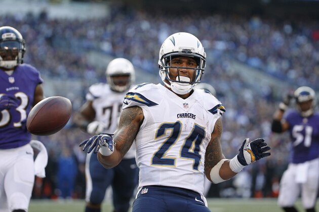 San Diego Chargers running back Ryan Mathews (24) tosses the ball away after scoring a touchdown in the second half of an NFL football game against the Baltimore Ravens, Sunday, Nov. 30, 2014, in Baltimore. (AP Photo/Alex Brandon)