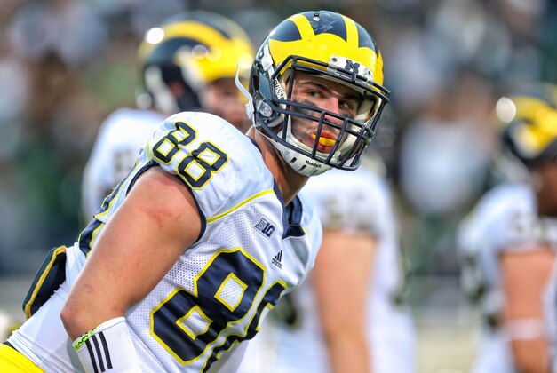 Oct 25, 2014; East Lansing, MI, USA; Michigan Wolverines tight end Jake Butt (88) looks to the sidelines during the 2nd half of a game at Spartan Stadium.  MSU won 35-11. Mandatory Credit: Mike Carter-USA TODAY Sports