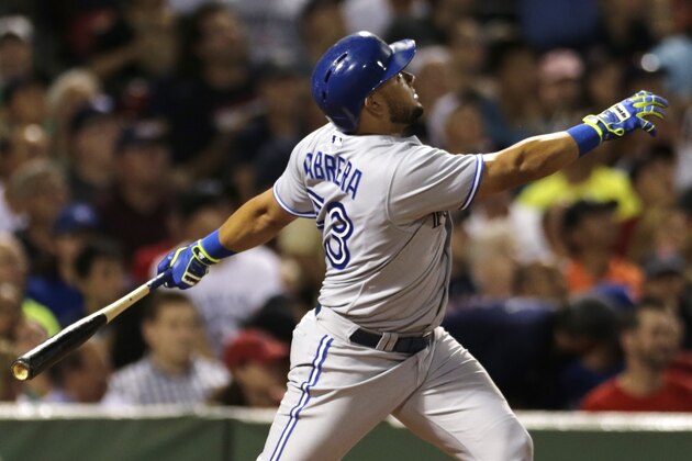 Toronto Blue Jays Melky Cabrera during the sixth inning of a baseball game at Fenway Park in Boston, Monday, July 28, 2014. (AP Photo/Charles Krupa)