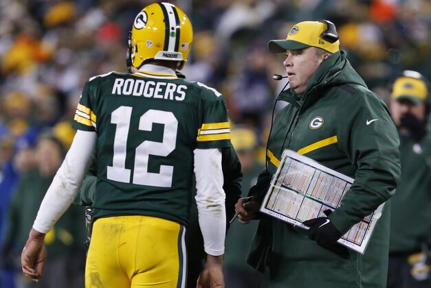 Green Bay Packers head coach Mike McCarthy and Aaron Rodgers during the second half of an NFL football game against the New England Patriots Sunday, Nov. 30, 2014, in Green Bay, Wis. (AP Photo/Mike Roemer)