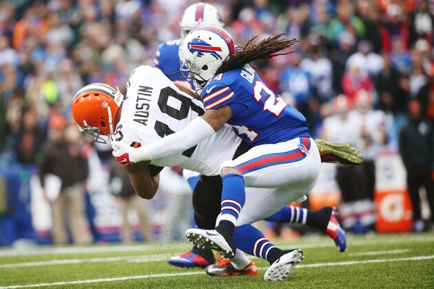 ORCHARD PARK, NY - NOVEMBER 30:   Miles Austin #19 of the Cleveland Browns is tackled by  Stephon Gilmore #24 of the Buffalo Bills during the first half at Ralph Wilson Stadium on November 30, 2014 in Orchard Park, New York.  (Photo by Tom Szczerbowski/Getty Images)