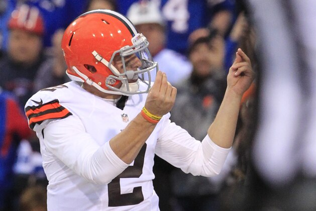 Cleveland Browns quarterback Johnny Manziel celebrates after scoring a touchdown against the Buffalo Bills during the second half of an NFL football game, Sunday, Nov. 30, 2014, in Orchard Park, N.Y. The Bills won 26-10. (AP Photo/Bill Wippert)