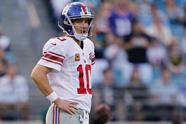 JACKSONVILLE, FL - NOVEMBER 30: Eli Manning #10 of the New York Giants reacts during the second half of the game against the Jacksonville Jaguars at EverBank Field on November 30, 2014 in Jacksonville, Florida. (Photo by Rob Foldy/Getty Images) JACKSONVILLE, FL - NOVEMBER 30: Eli Manning #10 of the New York Giants reacts during the second half of the game against the Jacksonville Jaguars at EverBank Field on November 30, 2014 in Jacksonville, Florida. (Photo by Rob Foldy/Getty Images)