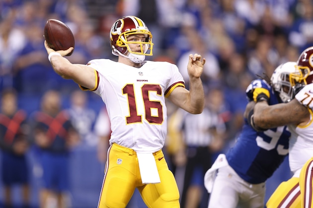 INDIANAPOLIS, IN - NOVEMBER 30:  Colt McCoy #16 of the Washington Redskins passes the ball during the first half of the game against the Indianapolis Colts at Lucas Oil Stadium on November 30, 2014 in Indianapolis, Indiana. (Photo by Joe Robbins/Getty Images)