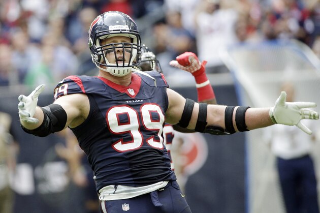 Houston Texans' J.J. Watt yells to the Tennessee Titans bench during the first half of an NFL football game Sunday, Nov. 30, 2014, in Houston. (AP Photo/David J. Phillip)