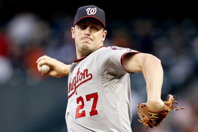 HOUSTON, TX - APRIL 30: Jordan Zimmermann #27 of the Washington Nationals pitches against the Houston Astros in the first inning at Minute Maid Park on April 30, 2014 in Houston,Texas. (Photo by Thomas B. Shea/Getty Images)
