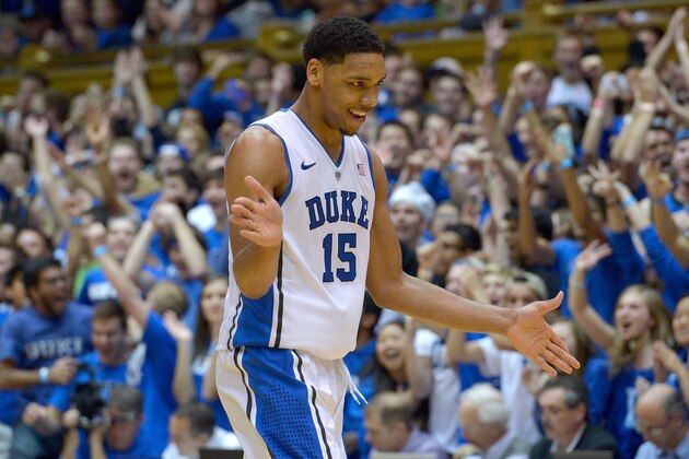 DURHAM, NC - NOVEMBER 14:  Jahlil Okafor #15 of the Duke Blue Devils reacts after dunking against the Presbyterian Blue Hose during their game at Cameron Indoor Stadium on November 14, 2014 in Durham, North Carolina.  (Photo by Grant Halverson/Getty Images)