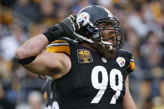 Pittsburgh Steelers defensive end Brett Keisel (99) gestures to the crowd in the second quarter of the NFL football game against the New Orleans Saints, Sunday, Nov. 30, 2014 in Pittsburgh. (AP Photo/Gene J. Puskar)