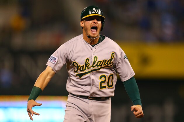 KANSAS CITY, MO - SEPTEMBER 30:  Josh Donaldson #20 of the Oakland Athletics celebrates after Brandon Moss #37 of the Oakland Athletics hit a three-run home run in the sixth inning against the Kansas City Royals during the American League Wild Card game at Kauffman Stadium on September 30, 2014 in Kansas City, Missouri.  (Photo by Dilip Vishwanat/Getty Images)