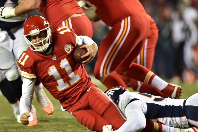 KANSAS CITY, MO - NOVEMBER 30:  Alex Smith #11 of the Kansas City Chiefs is sacked by Von Miller #58 of the Denver Broncos during the game at Arrowhead Stadium on November 30, 2014 in Kansas City, Missouri.  (Photo by Peter Aiken/Getty Images)