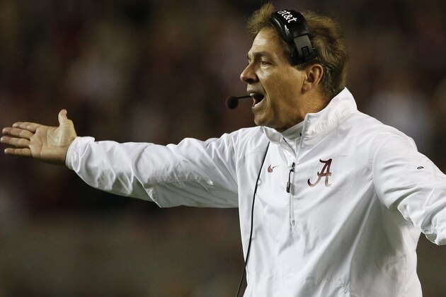 Alabama head coach Nick Saban speaks during the first half of the Iron Bowl NCAA college football game against Auburn, Saturday, Nov. 29, 2014, in Tuscaloosa, Ala. (AP Photo/Brynn Anderson )
