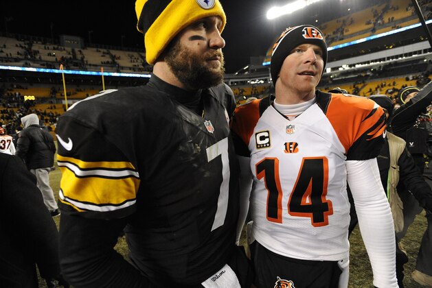Pittsburgh Steelers quarterback Ben Roethlisberger (7) shakes hands with Cincinnati Bengals quarterback Andy Dalton (14) following an NFL football game on Sunday, Dec. 15, 2013, in Pittsburgh. Pittsburgh won 30-20.(AP Photo/Don Wright)