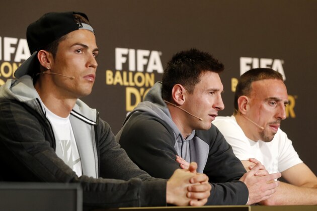 Real Madrid's Christiano Ronaldo of Portugal, FC Barcelona's Lionel Messi of Argentina, and Bayern Munich's Franck Ribery of France, from left, the three nominees for world soccer player of the year, take part in a press conference prior to the FIFA Ballon d'Or 2013 Gala in Zurich, Switzerland, Monday, Jan. 13, 2014. (AP Photo/Michael Probst)