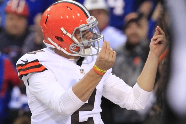 Cleveland Browns quarterback Johnny Manziel celebrates after scoring a touchdown against the Buffalo Bills during the second half of an NFL football game, Sunday, Nov. 30, 2014, in Orchard Park, N.Y. The Bills won 26-10. (AP Photo/Bill Wippert)
