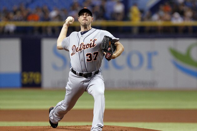 ST. PETERSBURG, FL - AUGUST 19:  Max Scherzer #37 of the Detroit Tigers pitches during the first inning of a game against the Tampa Bay Rays on August 19, 2014 at Tropicana Field in St. Petersburg, Florida.  (Photo by Brian Blanco/Getty Images)