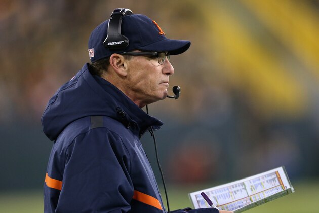 GREEN BAY, WI - NOVEMBER 09: Head coach of the Chicago Bears, Marc Trestman, watches as the Bears trail behind the Green Bay Packers in the first half of the game at Lambeau Field on November 9, 2014 in Green Bay, Wisconsin. (Photo by Jonathan Daniel/Getty Images)