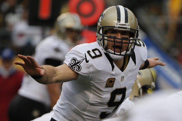 New Orleans Saints quarterback Drew Brees (9) calls signals in the second quarter of the NFL football game against the Pittsburgh Steelers, Sunday, Nov. 30, 2014 in Pittsburgh. (AP Photo/Gene J. Puskar)