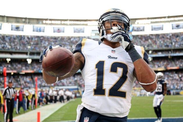 SAN DIEGO, CA - NOVEMBER 23:  Wide receiver Stedman Bailey #12 of the St. Louis Rams celebrates  after his seven yard touchdown catch in the fourth quarter against the San Diego Chargers at Qualcomm Stadium on November 23, 2014 in San Diego, California.  The Chargers won 27-24.  (Photo by Stephen Dunn/Getty Images)