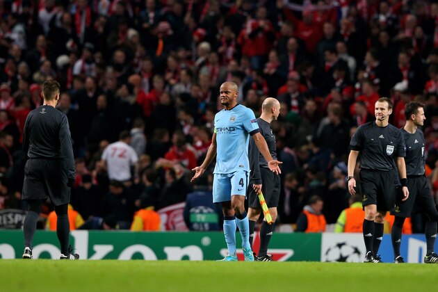 MANCHESTER, ENGLAND - NOVEMBER 25:  Vincent Kompany of Manchester City reacts angrily after his team concede a second goal during the UEFA Champions League Group E match between Manchester City and FC Bayern Muenchen at the Ethad Stadium on November 25, 2014 in Manchester, United Kingdom.  (Photo by Alex Livesey/Getty Images)