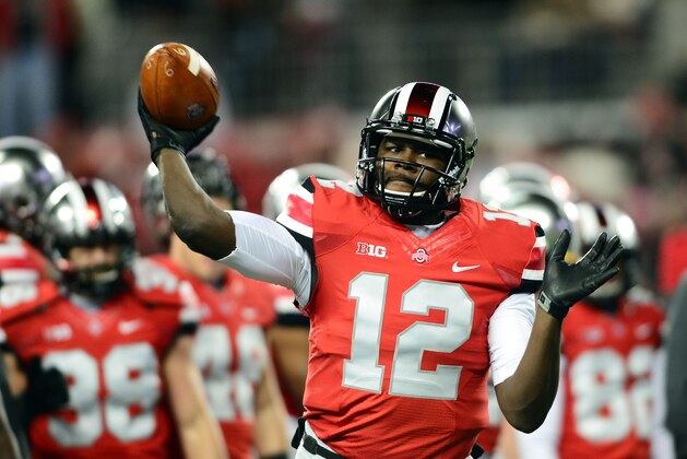 Nov 1, 2014; Columbus, OH, USA; Ohio State Buckeyes quarterback Cardale Jones (12) against the  Illinois Fighting Illini at Ohio Stadium. Mandatory Credit: Andrew Weber-USA TODAY Sports