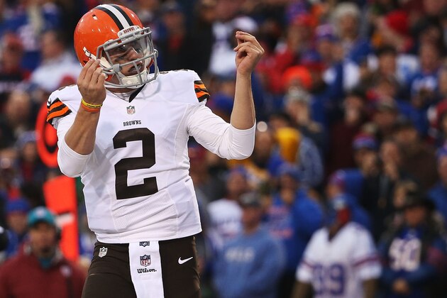ORCHARD PARK, NY - NOVEMBER 30:  Johnny Manziel #2 of the Cleveland Browns celebrates a touchdown against the Buffalo Bills during the second half at Ralph Wilson Stadium on November 30, 2014 in Orchard Park, New York.  (Photo by Tom Szczerbowski/Getty Images)