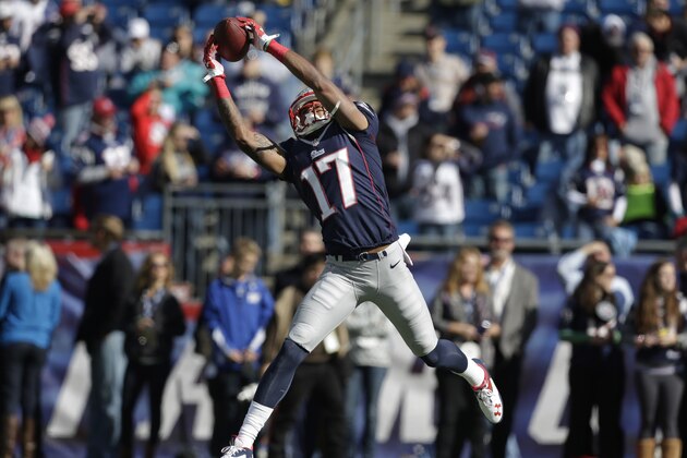 New England Patriots wide receiver Aaron Dobson (17) warms up before an NFL football game against the Miami Dolphins Sunday, Oct. 27, 2013, in Foxborough, Mass. (AP Photo/Steven Senne)