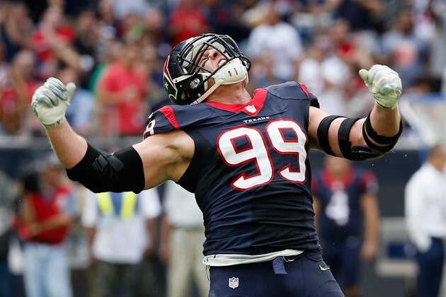 HOUSTON, TX - NOVEMBER 30:  J.J. Watt #99 of the Houston Texans celebrates a sack in the first half of their game against the Tennessee Titans at NRG Stadium on November 30, 2014 in Houston, Texas.  (Photo by Scott Halleran/Getty Images)