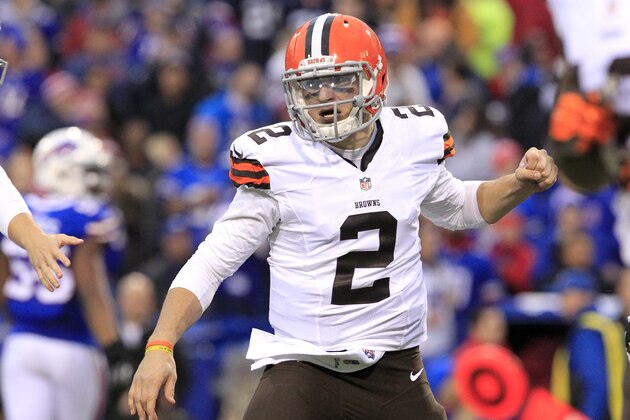 Cleveland Browns quarterback Johnny Manziel celebrates after scoring a touchdown against the Buffalo Bills during the second half of an NFL football game, Sunday, Nov. 30, 2014, in Orchard Park, N.Y. The Bills won 26-10. (AP Photo/Bill Wippert)