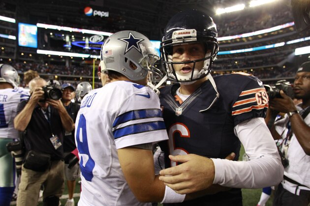 Chicago Bears quarterback Jay Cutler (6) and Dallas Cowboys quarterback Tony Romo (9) hug after thier NFL football game, Monday, Oct. 1, 2012 in Arlington, Texas. (AP Photo/LM Otero)